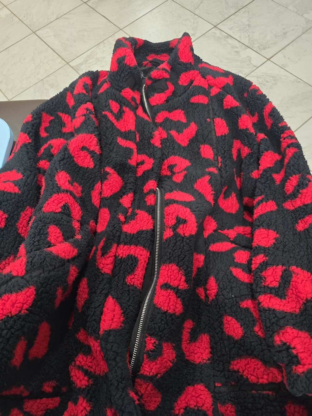 DKNY Black & Red Plush Sherpa Zip Jacket